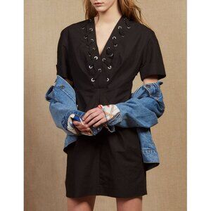 NWT Sandro black Clara cotton & linen blend mini dress w/ metal eyelet lace up